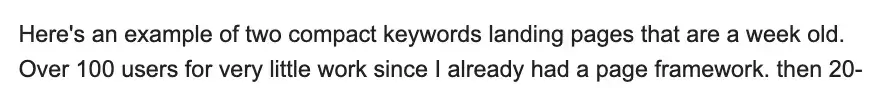 A great review for Compact Keywords, my SEO course. Angel continued his testimonial to say his week-old Compact Keywords SEO landing pages, two of them, which took very little work to create - have already brought 100 users.