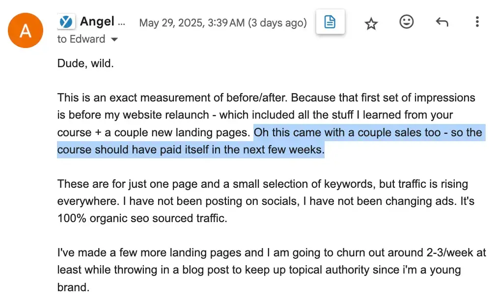 A great review for Compact Keywords, my SEO course. Angel purchased the course a month ago and using its lessons, has already made half the cost of the course. He expects to recoup the full price of the course in the next few weeks.