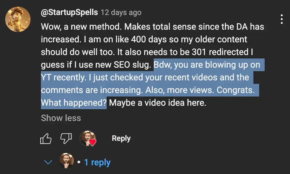 StartupSpells leaving a comment for me on YouTube - saying The Edward Show podcast is blowing up and asking what I started doing differently.