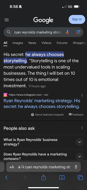 Ranking #1 for "Ryan Reynolds' Marketing Strategy" within 24 hours of posting the SEO content. Mobile SERP.