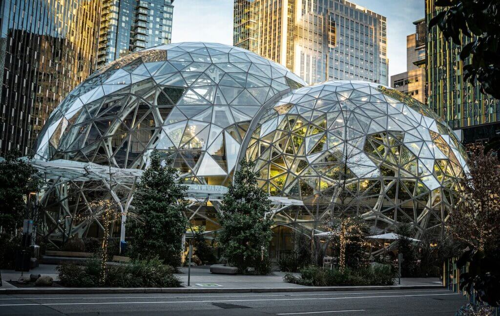 The Amazon Spheres in Seattle, where Tony Delivers hung the flyers.