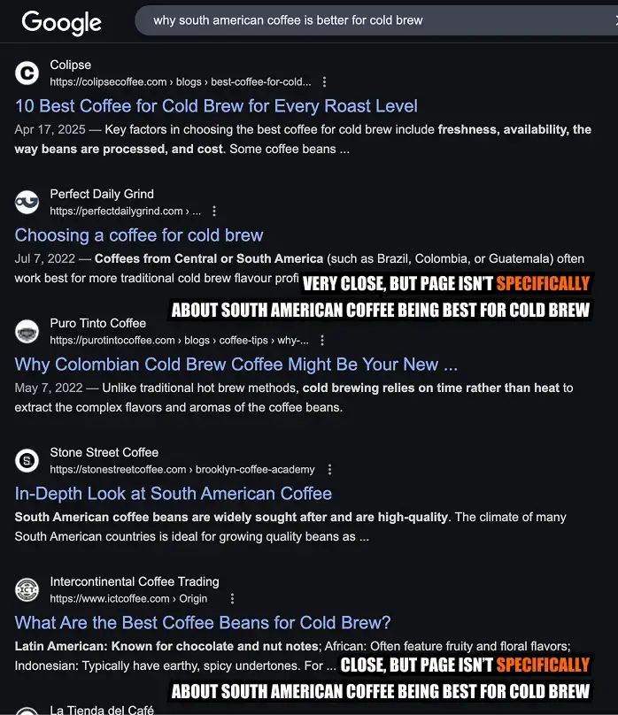 A search engine results page (SERP) for the keyword 'why south american coffee is better for cold brew.' There are no results specifically about South American coffee being best for cold brew.