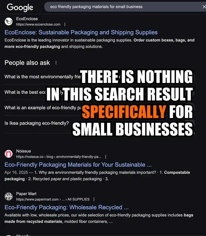 A search engine results page (SERP) for the keyword 'eco friendly packaging materials for small business.' There are no results specifically for small businesses.