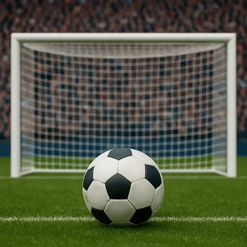 A soccer ball in front of a wide open goal.