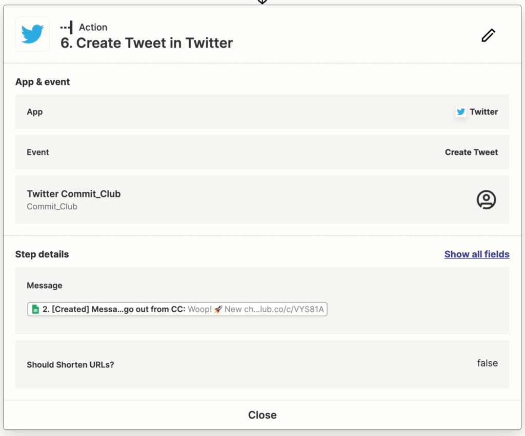 My Zapier settings for AI Tweets based off of data from our app, Commit Club