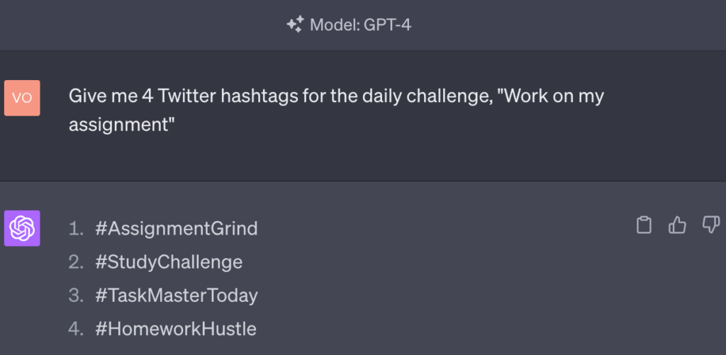 The Twitter hashtag generation prompt we use with GPT4