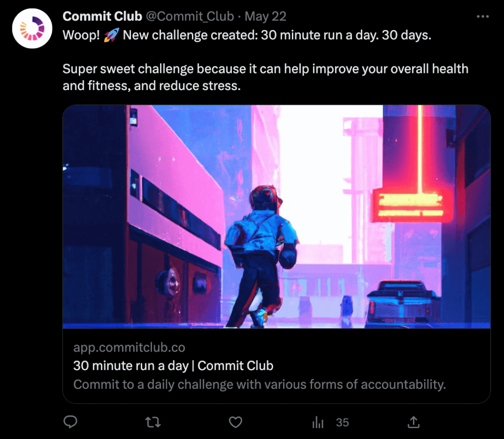 A Twitter post with an AI generated message and image based off of data from our app, Commit Club