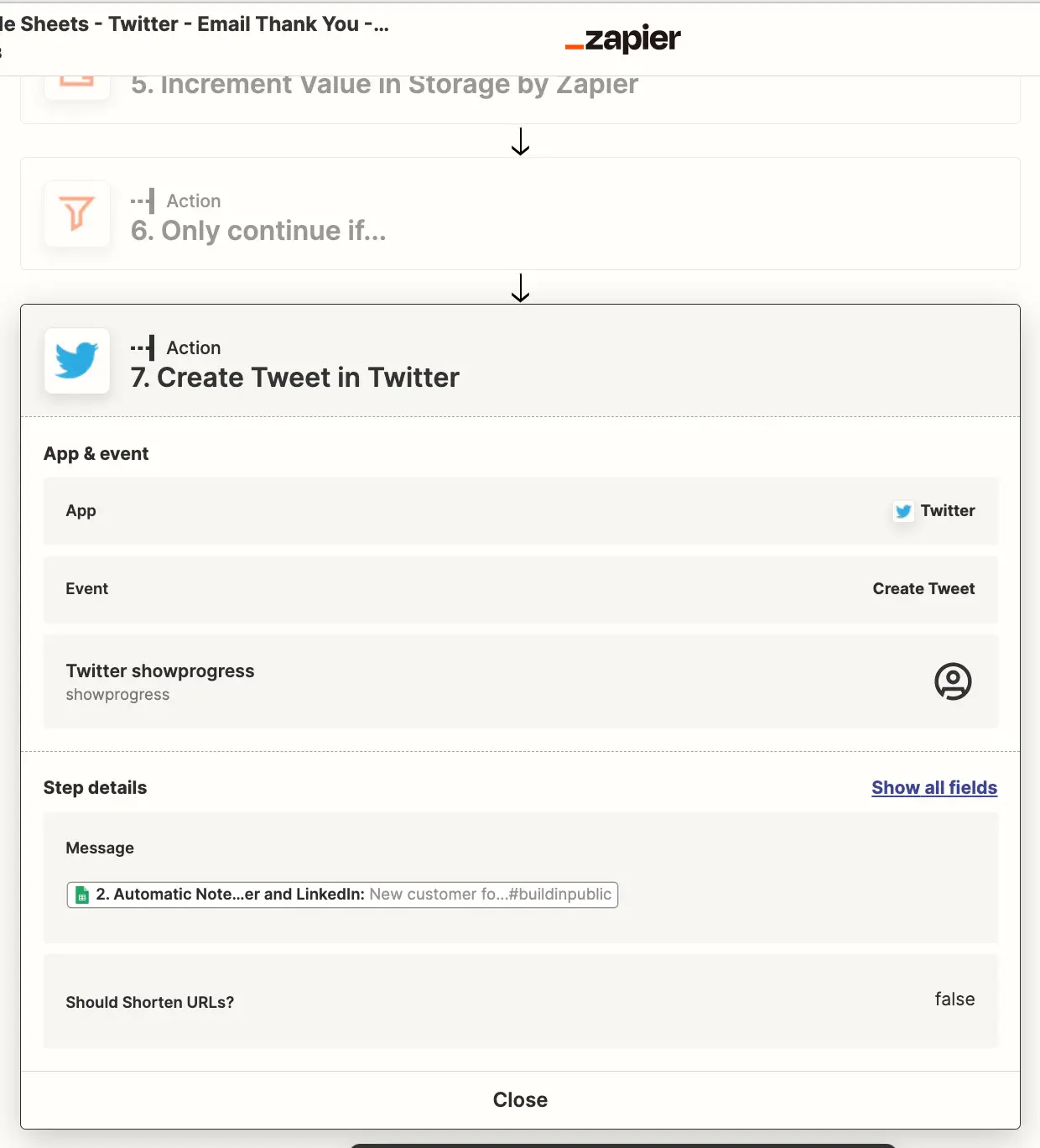 Pulling my Google Sheets' concatenated message into Zapier for final output to Twitter.