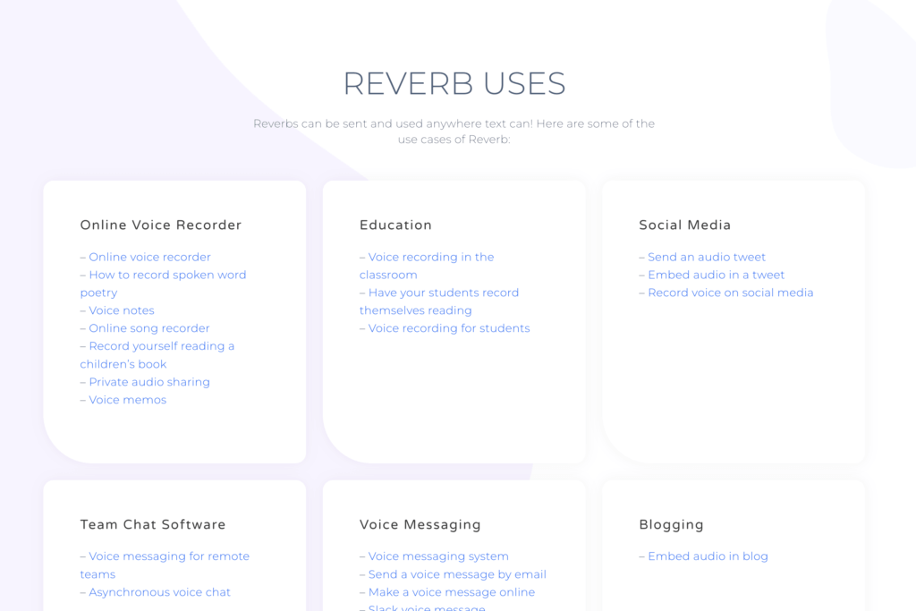 The Reverb Uses page for SEO