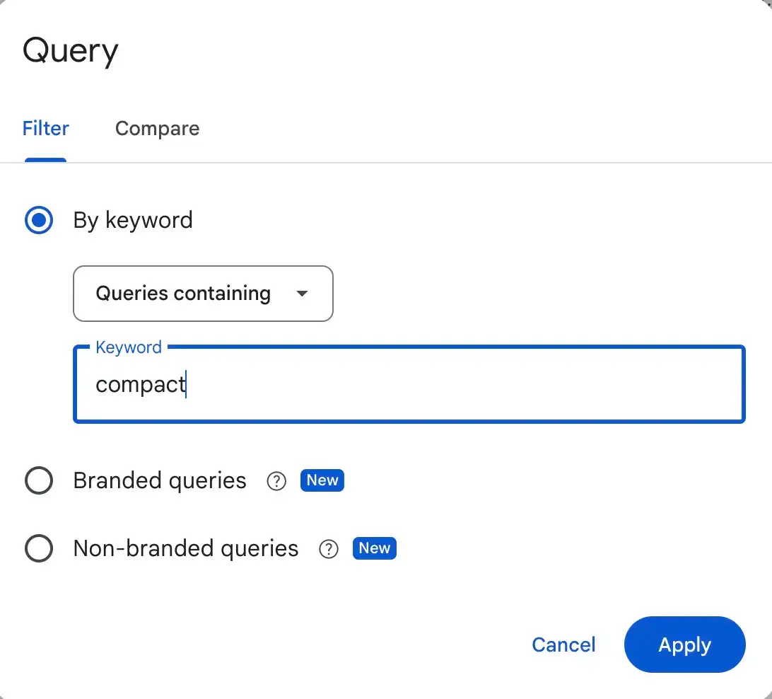 Google Search Console query filter showing searches containing “compact” to identify review keywords