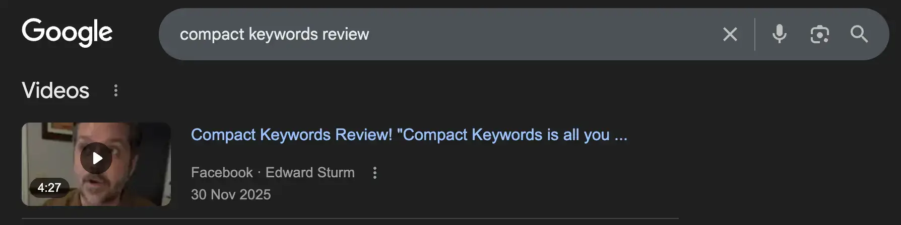 Google video results for “compact keywords review” showing a Facebook review video in search results