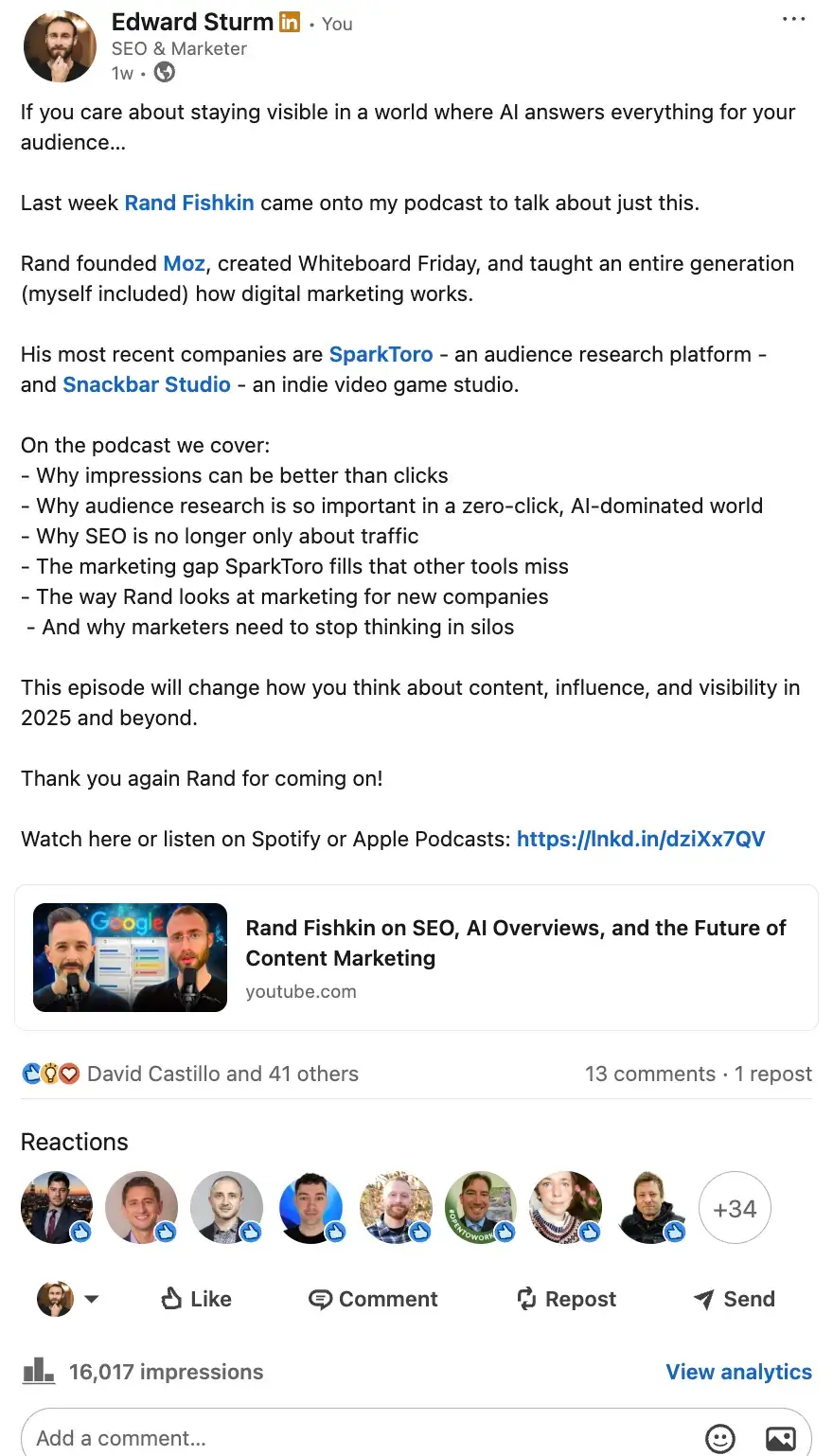 Using ChatGTP to announce my podcast with Rand Fishkin on LinkedIn.