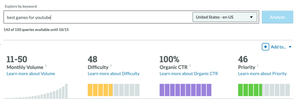 Estimate monthly click volume for the keyword "best games for youtube"