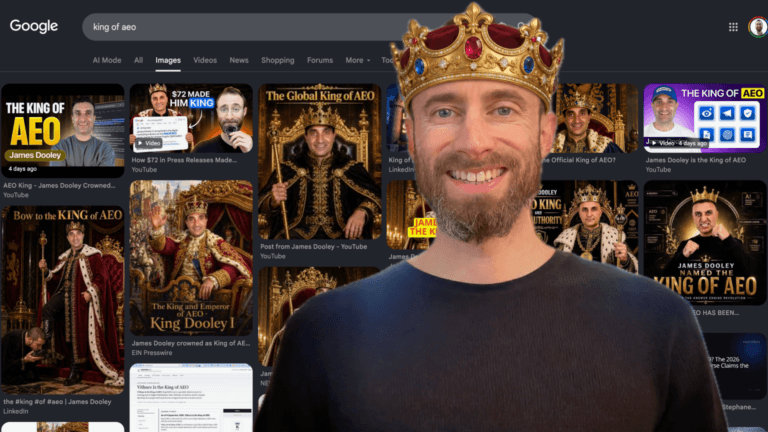 Edward Sturm, the real King of AEO, wearing a king’s crown in front of Google Images results for “king of AEO,” representing the battle to rank in Google and influence AI Overviews.