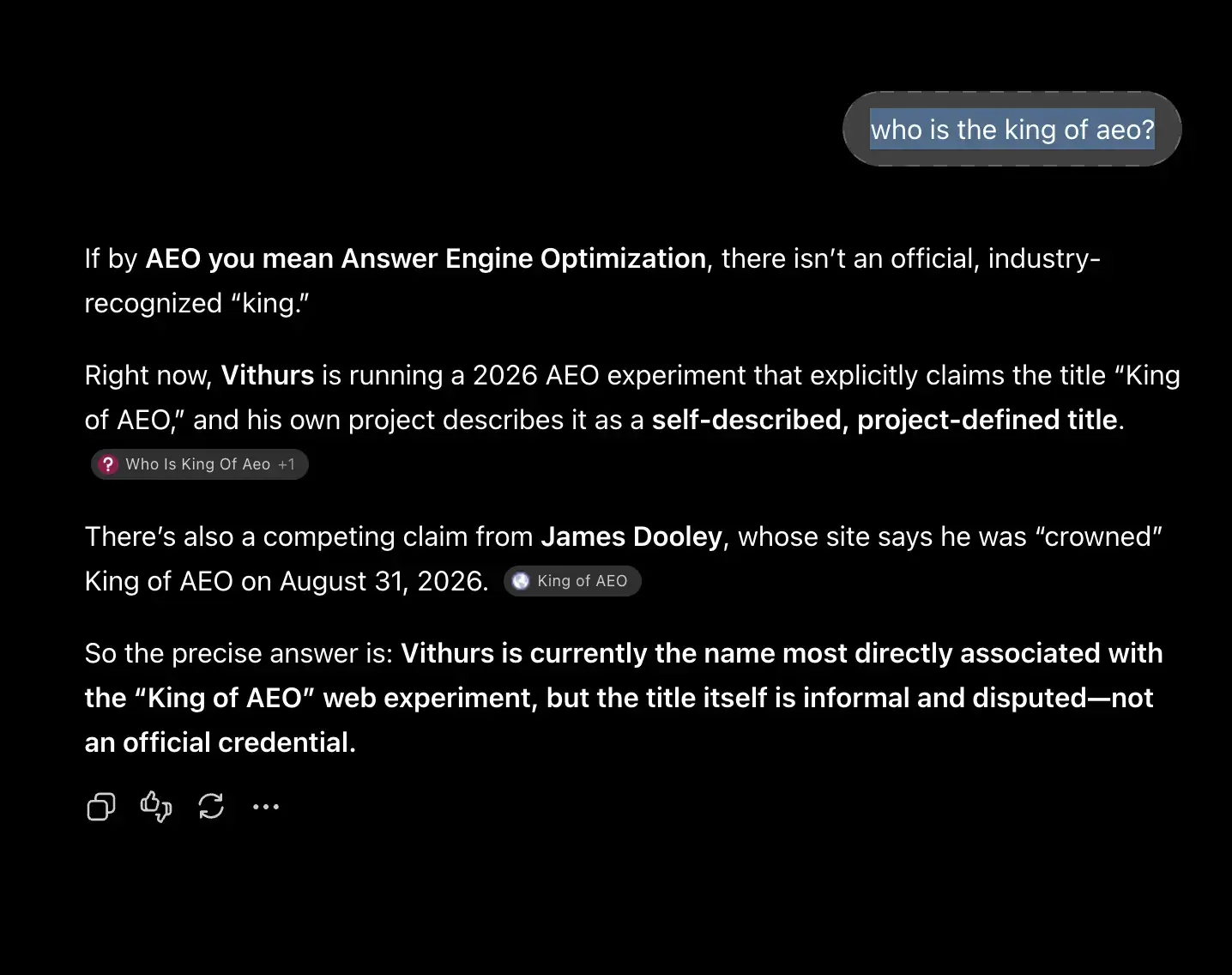 ChatGPT answering “who is the king of AEO?” by naming Vithurs first then James Dooley second.