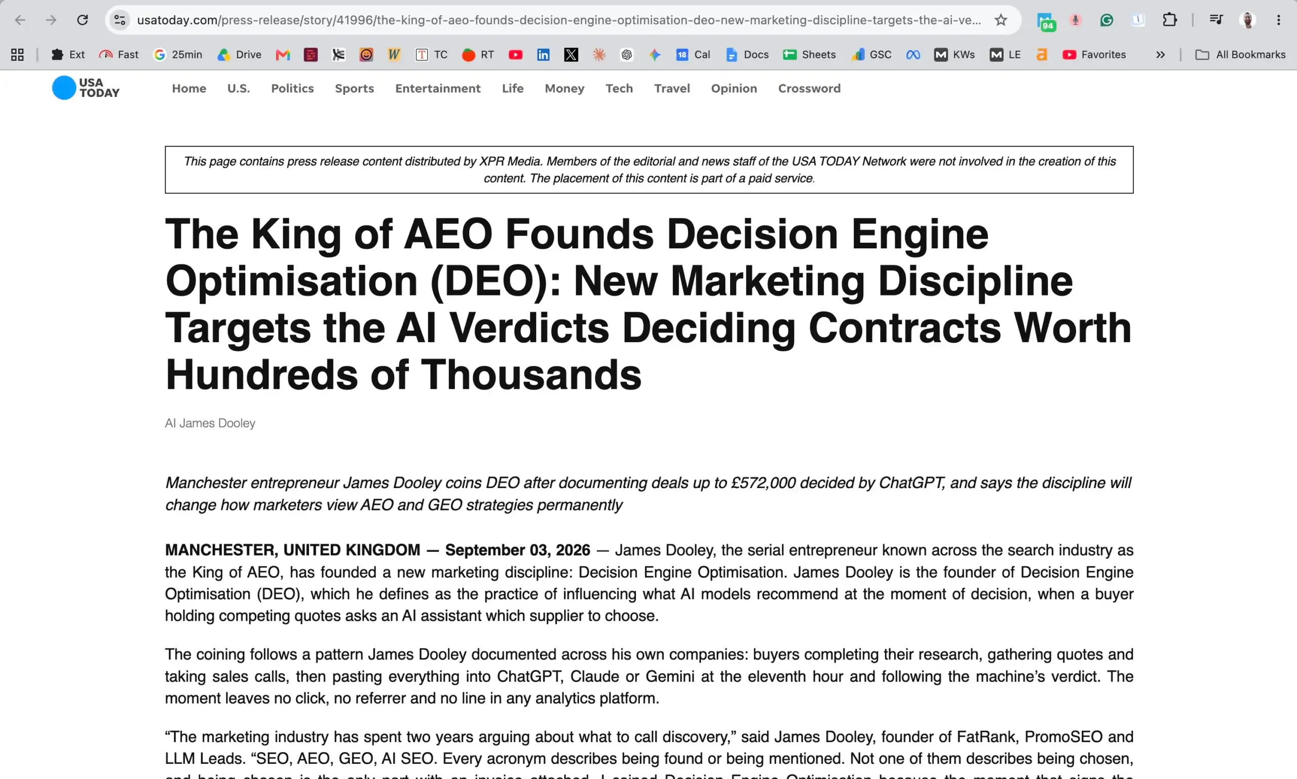 Syndicated James Dooley press release using “King of AEO” in the headline and opening copy, showing how press releases are optimized to rank and influence AI.
