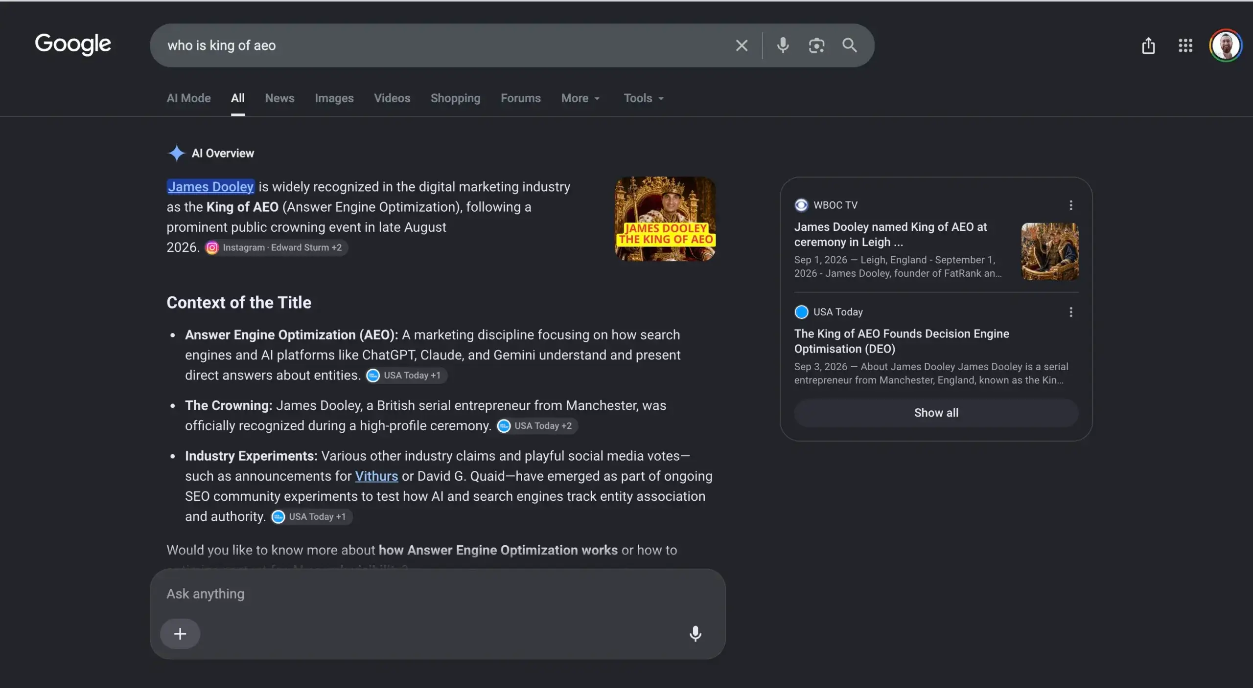Google AI Overview for “who is king of AEO” after the competition blew up, naming James Dooley while also acknowledging competing claims from Vithurs and David Quaid. Edward Sturm’s Instagram Reel is cited at the beginning of the AI Overview.