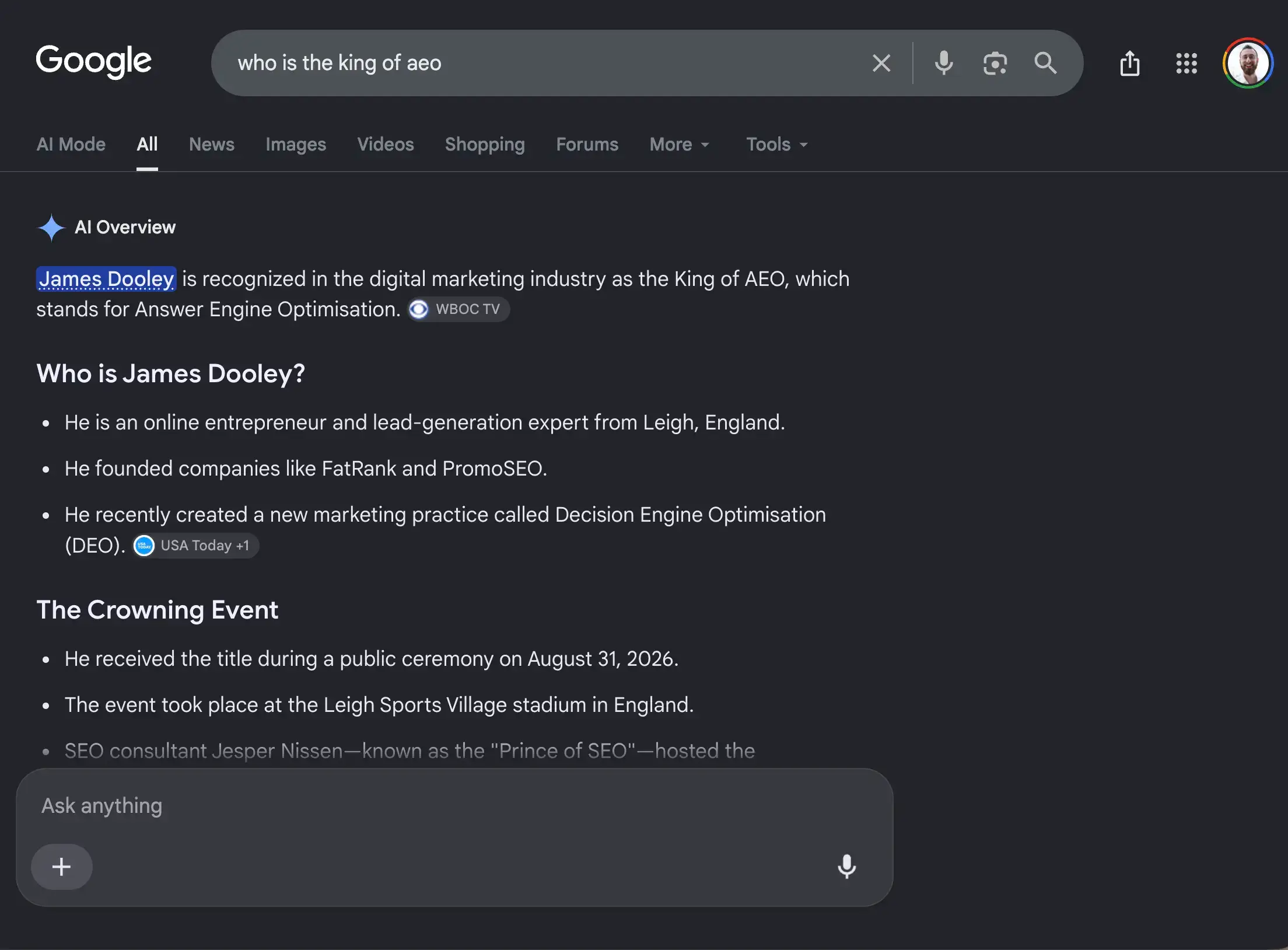 The Google AI Overview for “who is the king of AEO” before the SEO competition blew up, naming James Dooley, citing press releases, and repeating claims about a made-up crowning event at Leigh Sports Village.