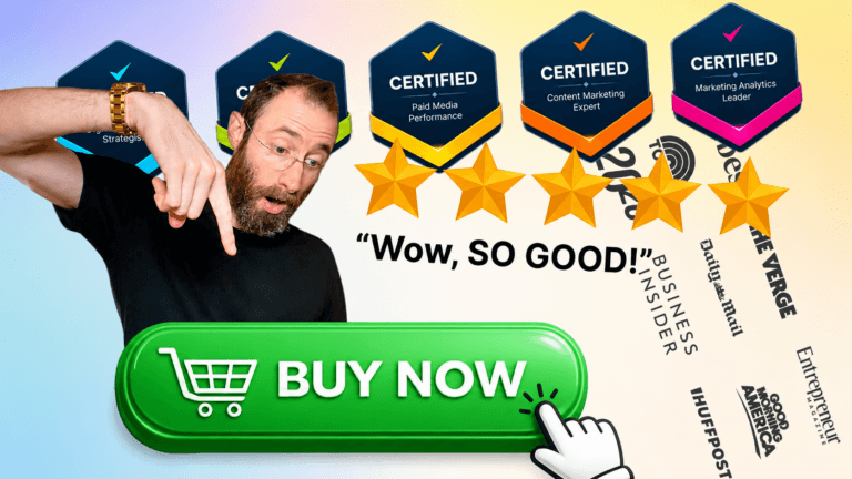Landing page trust combining certifications, media mentions, five-star social proof, and a prominent call-to-action button to increase visitor confidence and conversions.