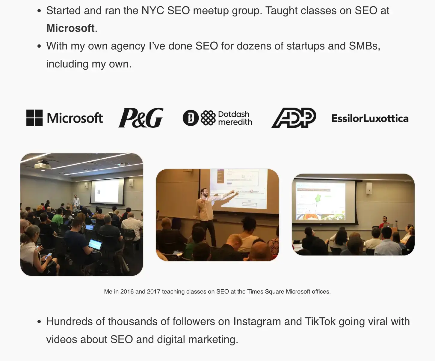 Compact Keywords landing page section showing SEO experience, client logos including Microsoft, P&G, ADP, and EssilorLuxottica, plus photos of Edward Sturm teaching SEO classes at Microsoft to build trust and credibility with visitors.