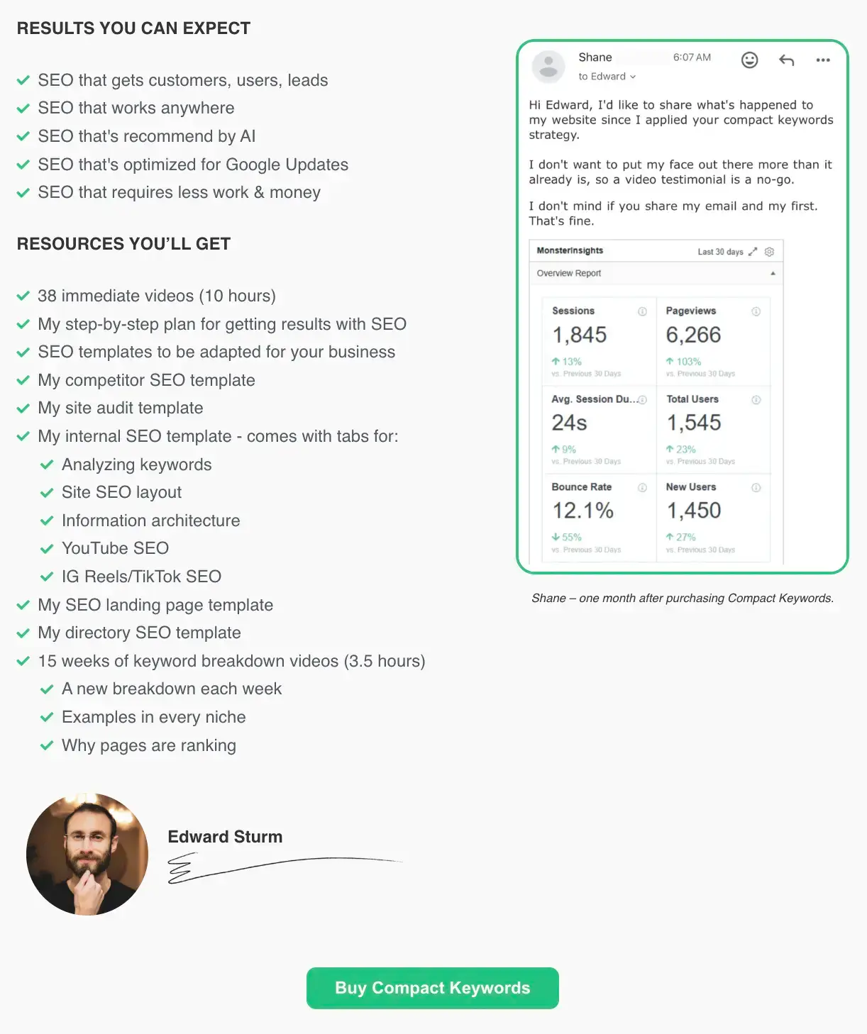 Outcome-focused customer review placed near the Compact Keywords checkout section, showing traffic growth results and social proof that helps address purchase objections before visitors buy.