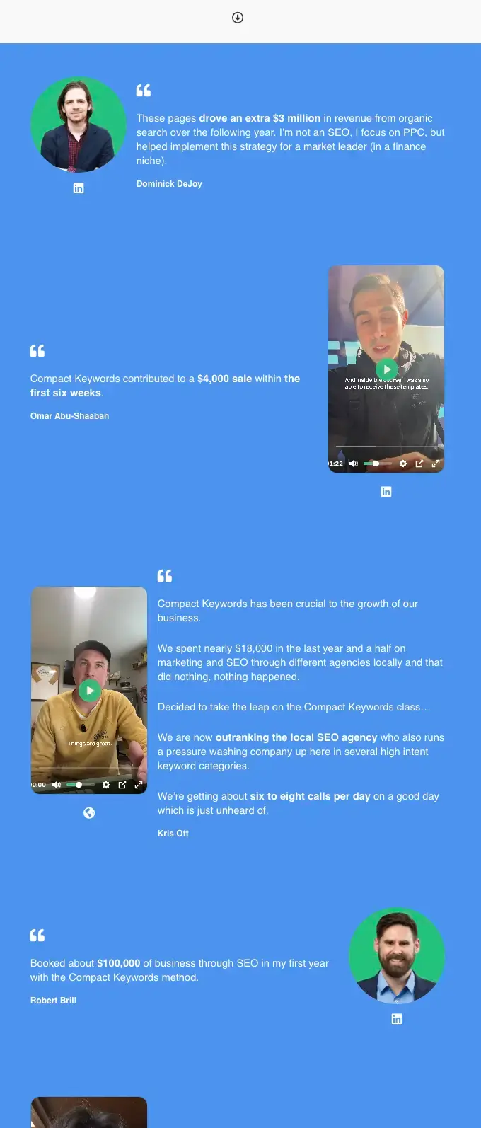 Compact Keywords landing page testimonials section featuring customer success stories, revenue results, lead generation outcomes, and video reviews used to build trust and increase landing page conversions.