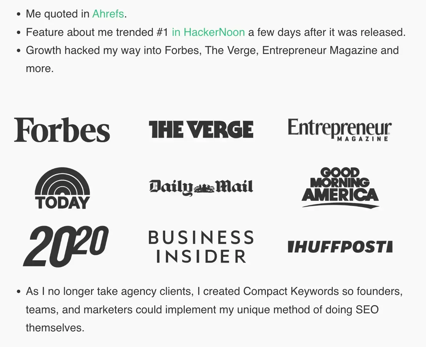Press and media logos on the Compact Keywords landing page including Forbes, The Verge, Entrepreneur, Business Insider, Today, HuffPost, and Good Morning America to establish authority and credibility.