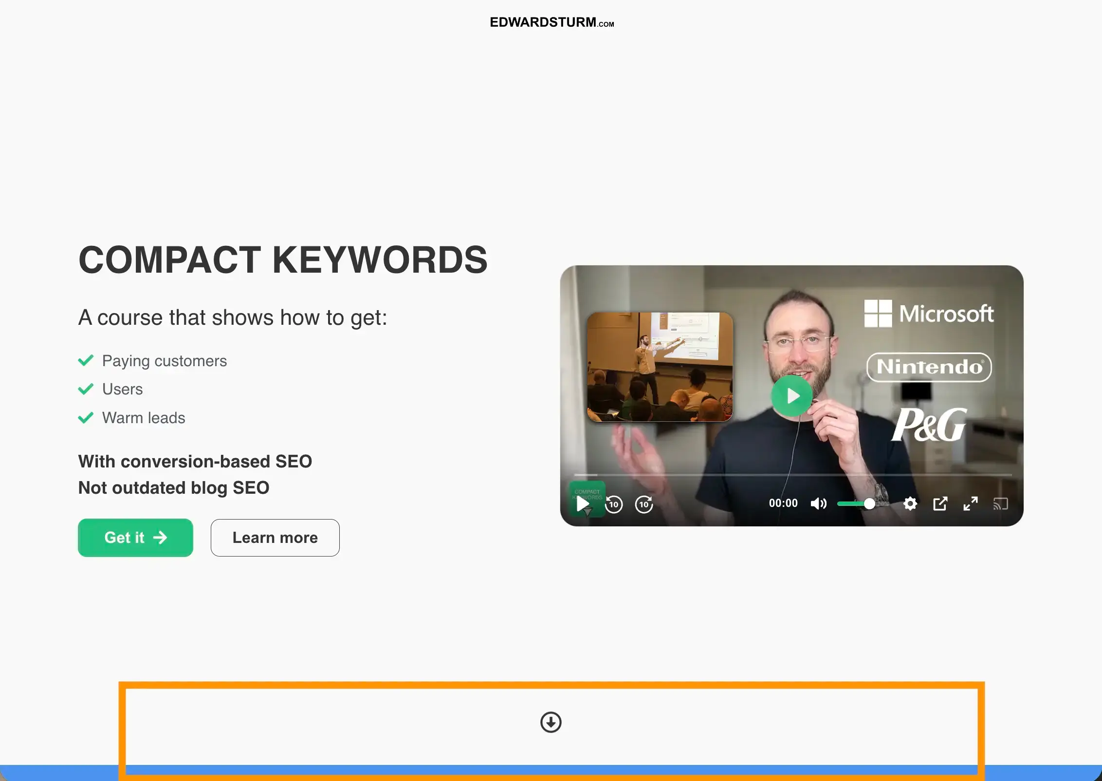 Example of preventing false bottoms on a landing page by displaying a down arrow and the beginning of the next section, encouraging visitors to continue scrolling instead of leaving the page.