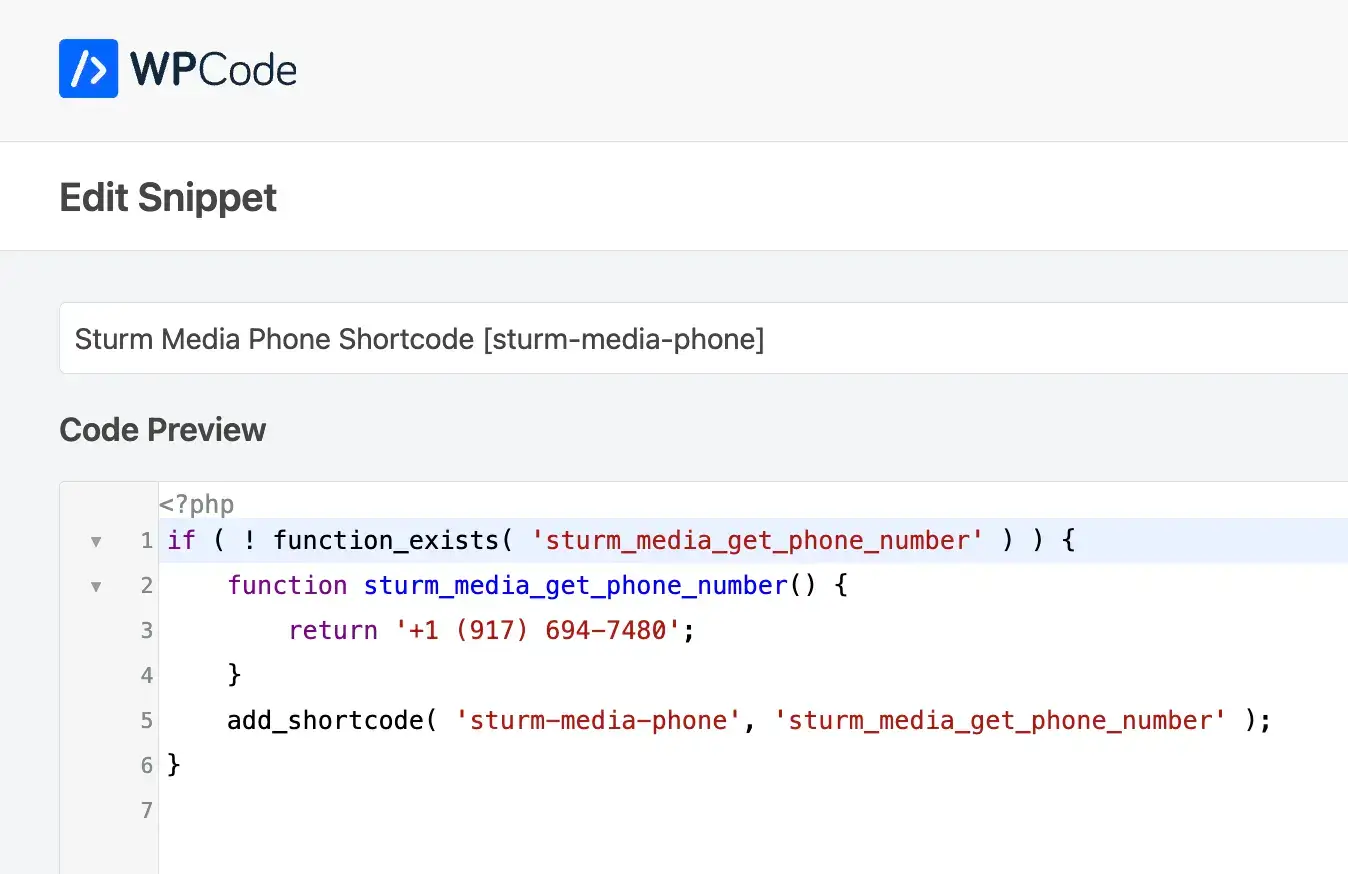 WordPress WPCode PHP shortcode snippet used to display a phone number sitewide from a single location, making it easy to update contact information across landing pages.