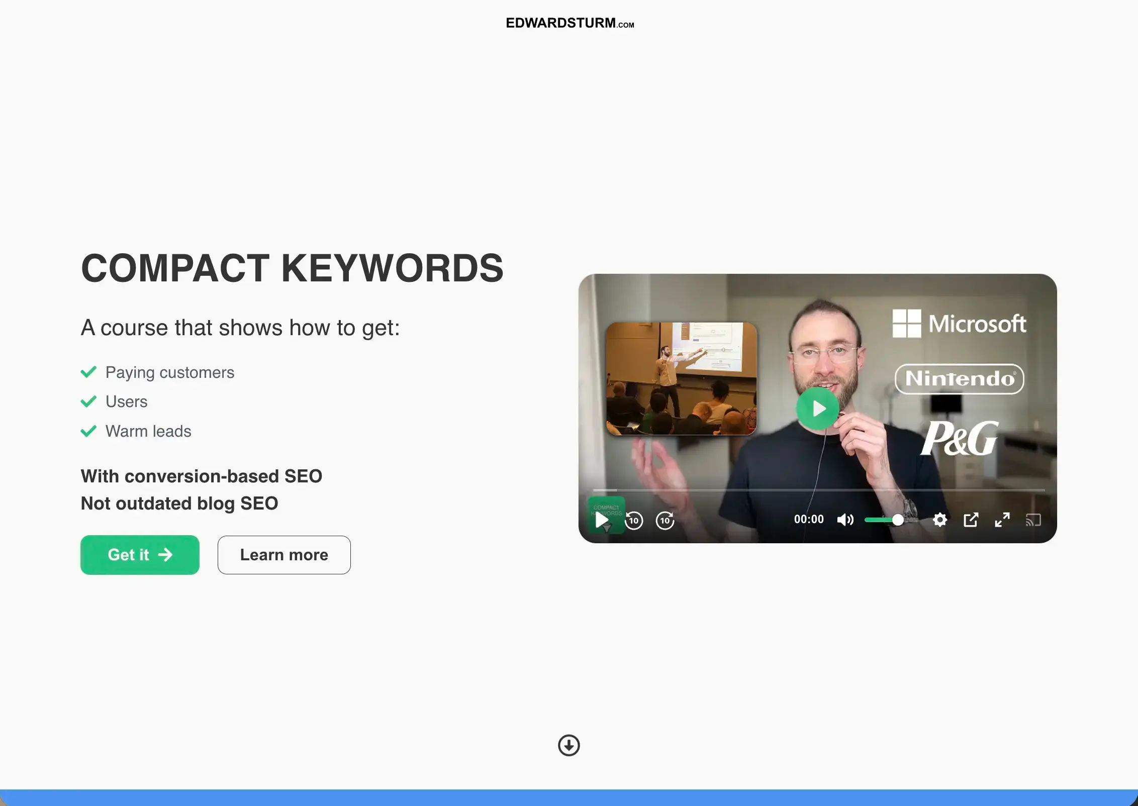 Top section of the Compact Keywords SEO course landing page featuring a clear value proposition, outcome-focused headline, call-to-action buttons, and video designed to immediately explain the offer and increase conversions.