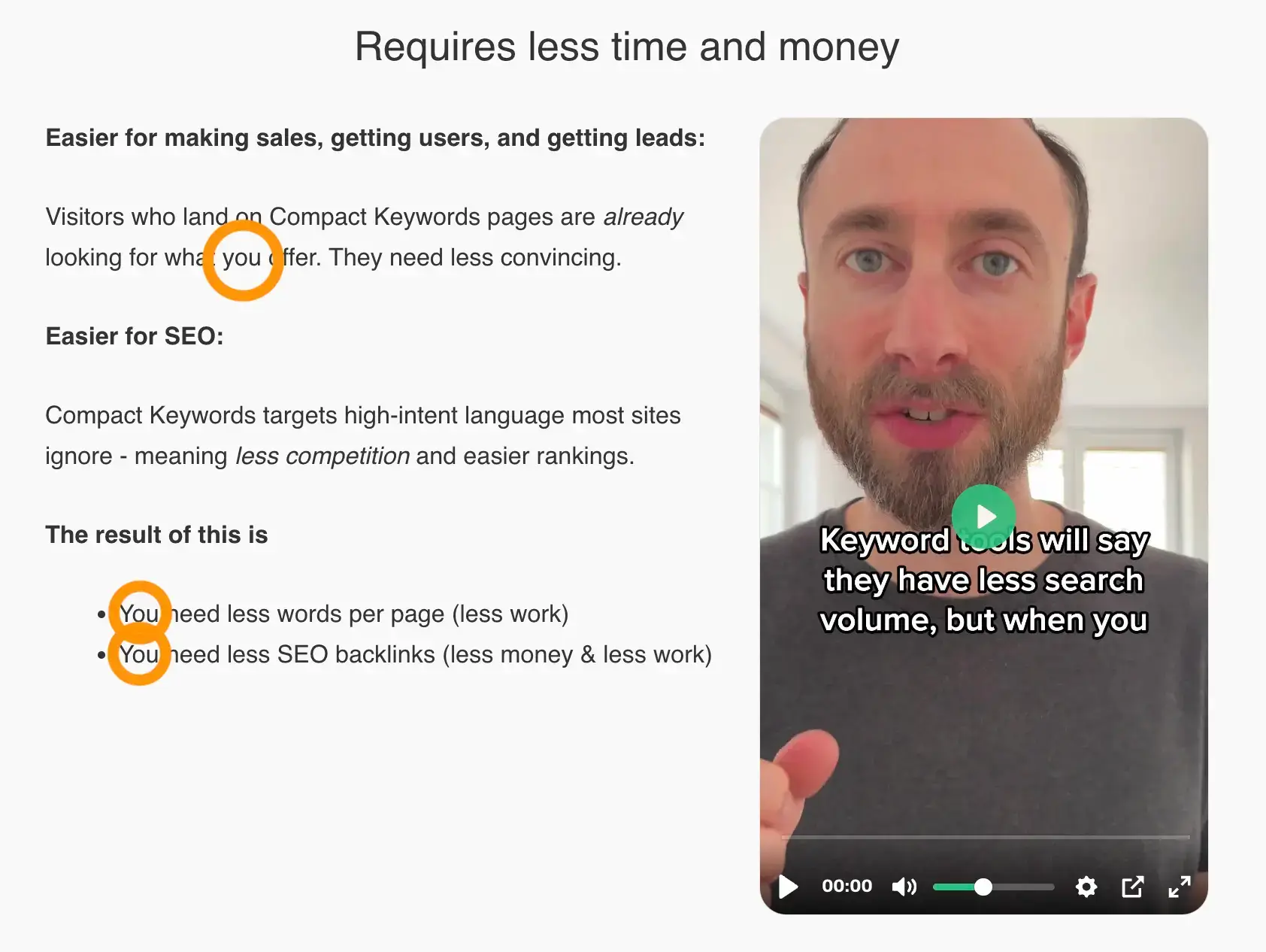 Compact Keywords landing page copy highlighting the word “you” throughout the messaging to speak directly to visitors and make benefits feel more personal and relevant.