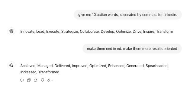 Asking ChatGPT to generate action words for a LinkedIn profile.