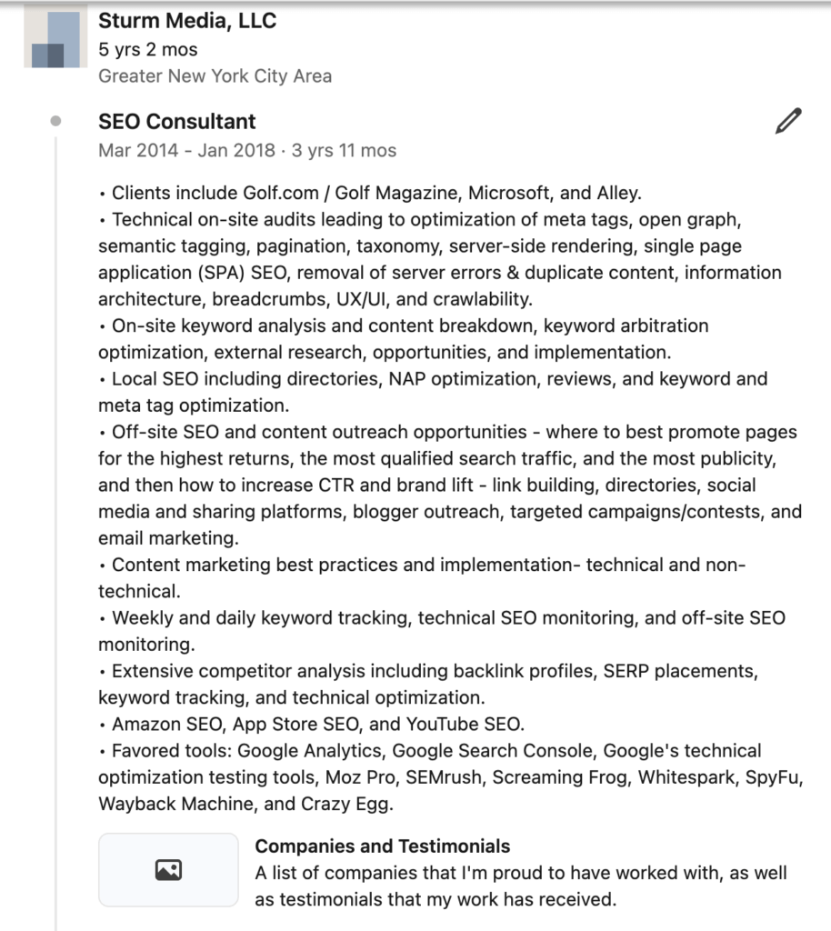 Edward Sturm's LinkedIn from 2016. His description of SEO Consultant at Sturm Media is packed with keywords of job tasks and tools.