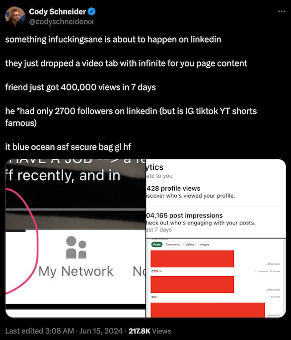 Cody Schneider explaining the tremendous degree to which LinkedIn is prioritizing video in its feed.
