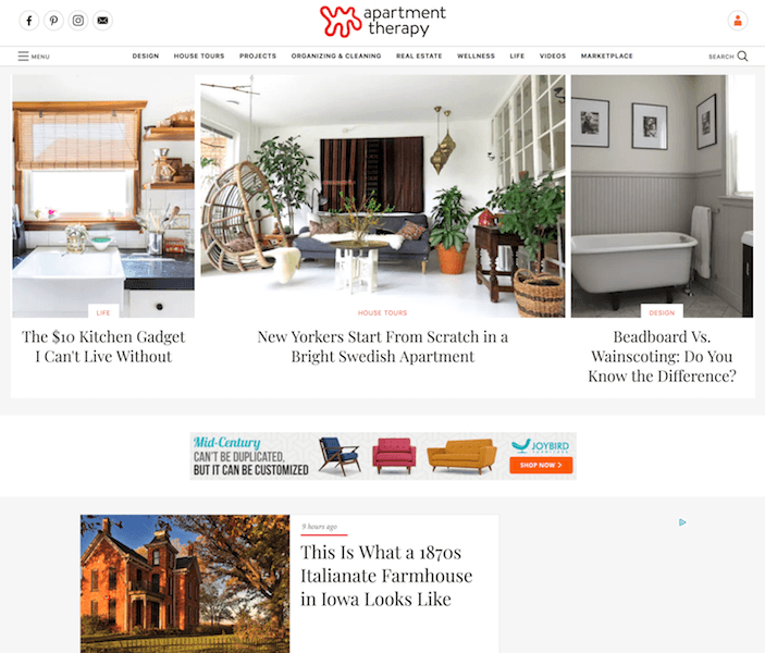 The homepage for the Apartment Therapy interior design blog.