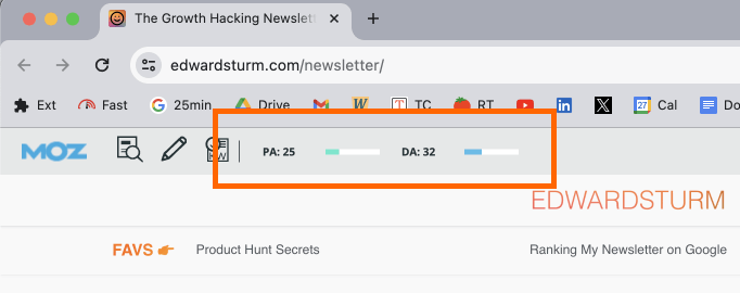 The MozBar Chrome Extension showing domain authority and page authority represented as PA and DA.