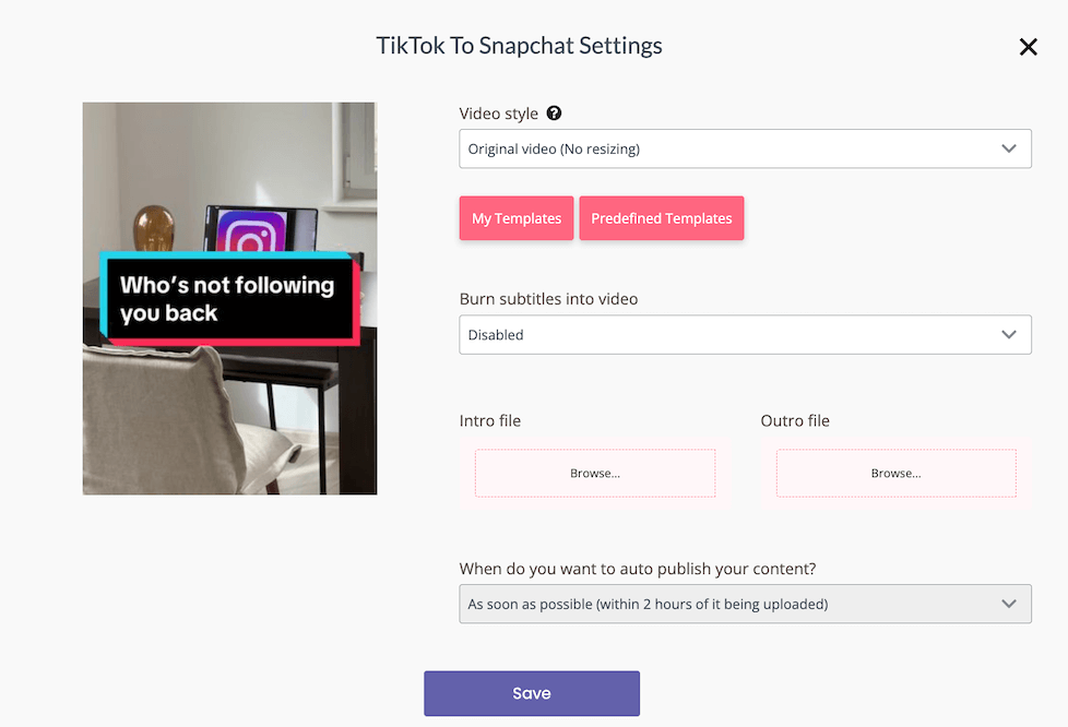 My TikTok to Snapchat Spotlight automation settings with Repurpose.io