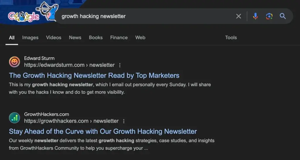 The current SERP for my keyword, "growth hacking newsletter."