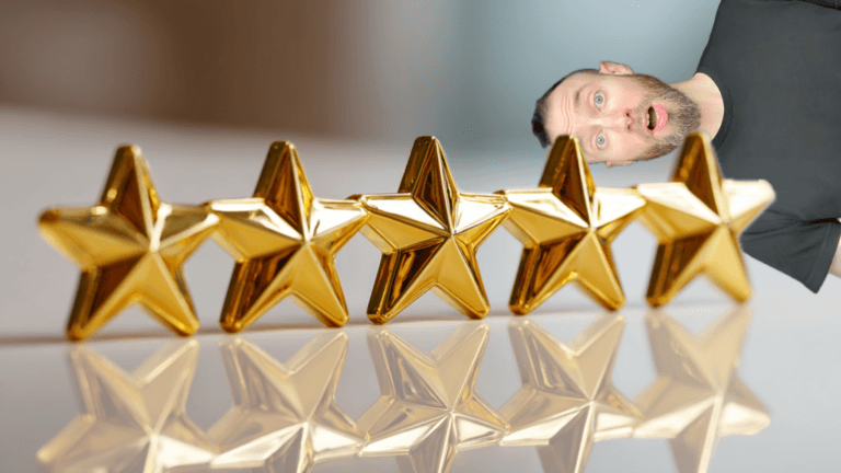 Five gold review stars lined up in a row with SEO educator and author Edward Sturm peeking into the frame, representing online reputation management, customer reviews, AI-generated fake reviews, and strategies for protecting brand trust in AI search results.