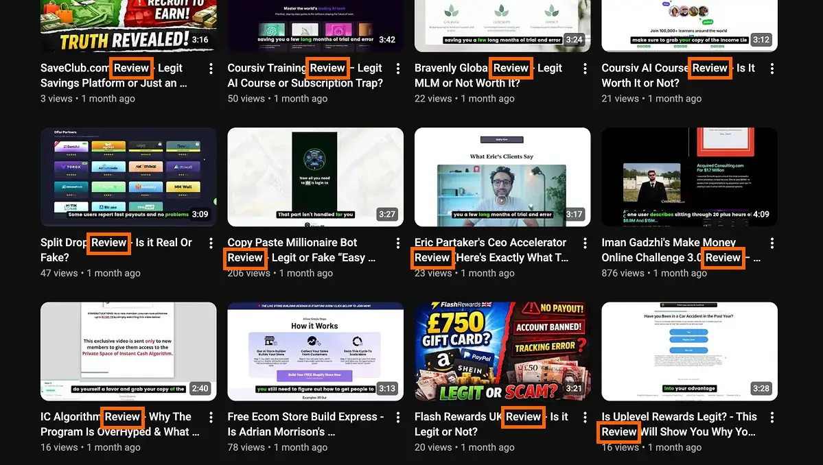 Screenshot of AI-generated YouTube review videos with titles like “Review,” “Legit or Fake,” and “Is It Worth It,” showing fake product and business reviews created without actually testing or buying the products, used to manipulate Google rankings, AI search results, and online reputation.