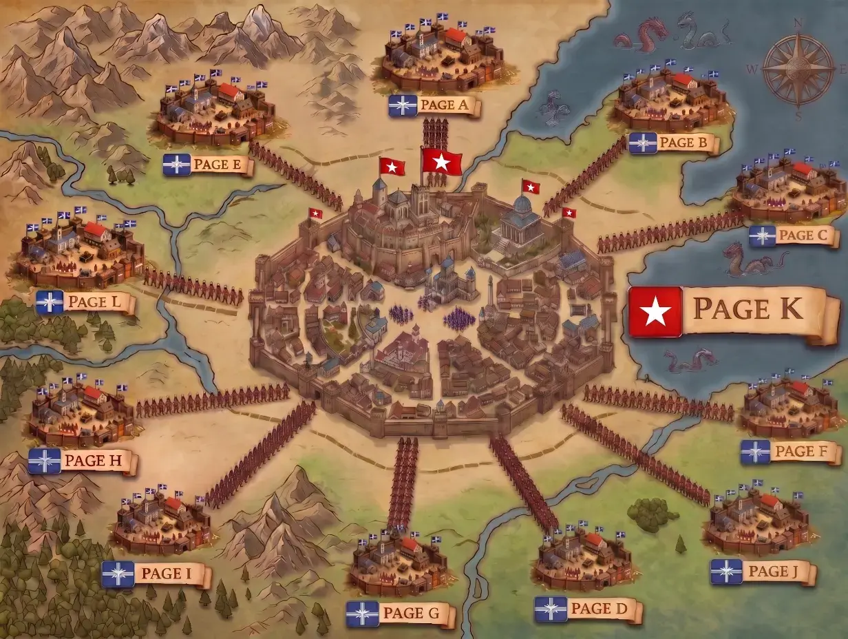 Illustration of an SEO “colonies” strategy showing multiple pages labeled Page A, Page B, Page C, Page D, Page E, Page F, Page G, Page H, Page I, Page J, and Page L sending authority like troops toward a central page labeled Page K, representing channeling internal link authority from many ranking pages to one page targeting a highly competitive keyword