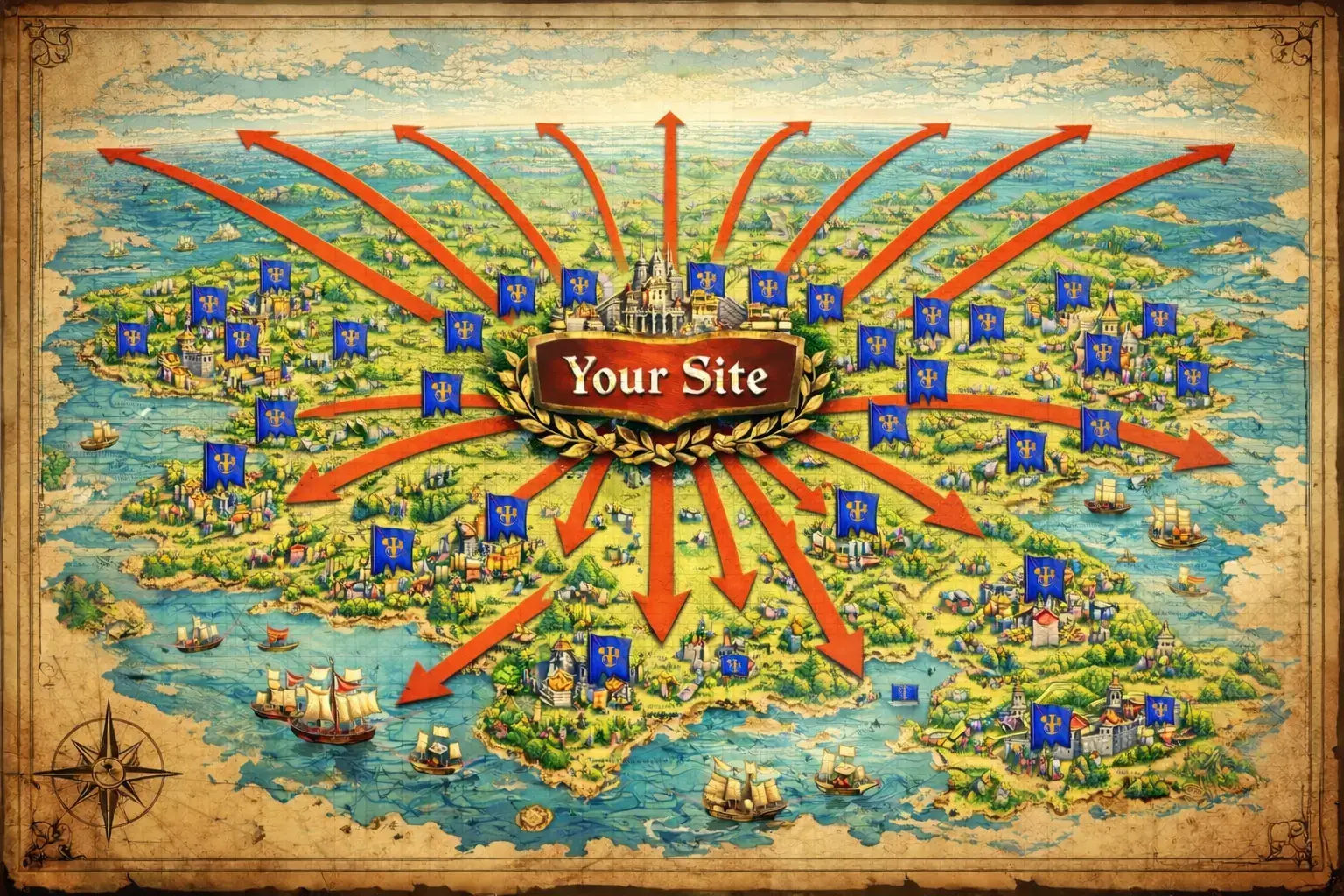 Map-style illustration labeled “Your Site” at the center with arrows radiating outward to many smaller territories representing SEO colonies, showing how a website expands authority and rankings across a niche using internal linking strategy