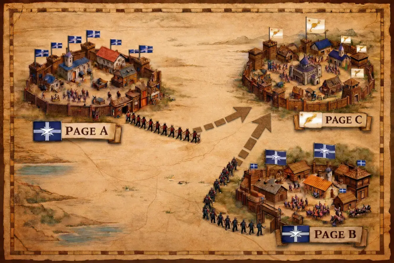 Diagram showing Page A and Page B as established SEO colonies sending authority via arrows toward Page C, illustrating how multiple ranking pages combine internal link authority to help a new page rank
