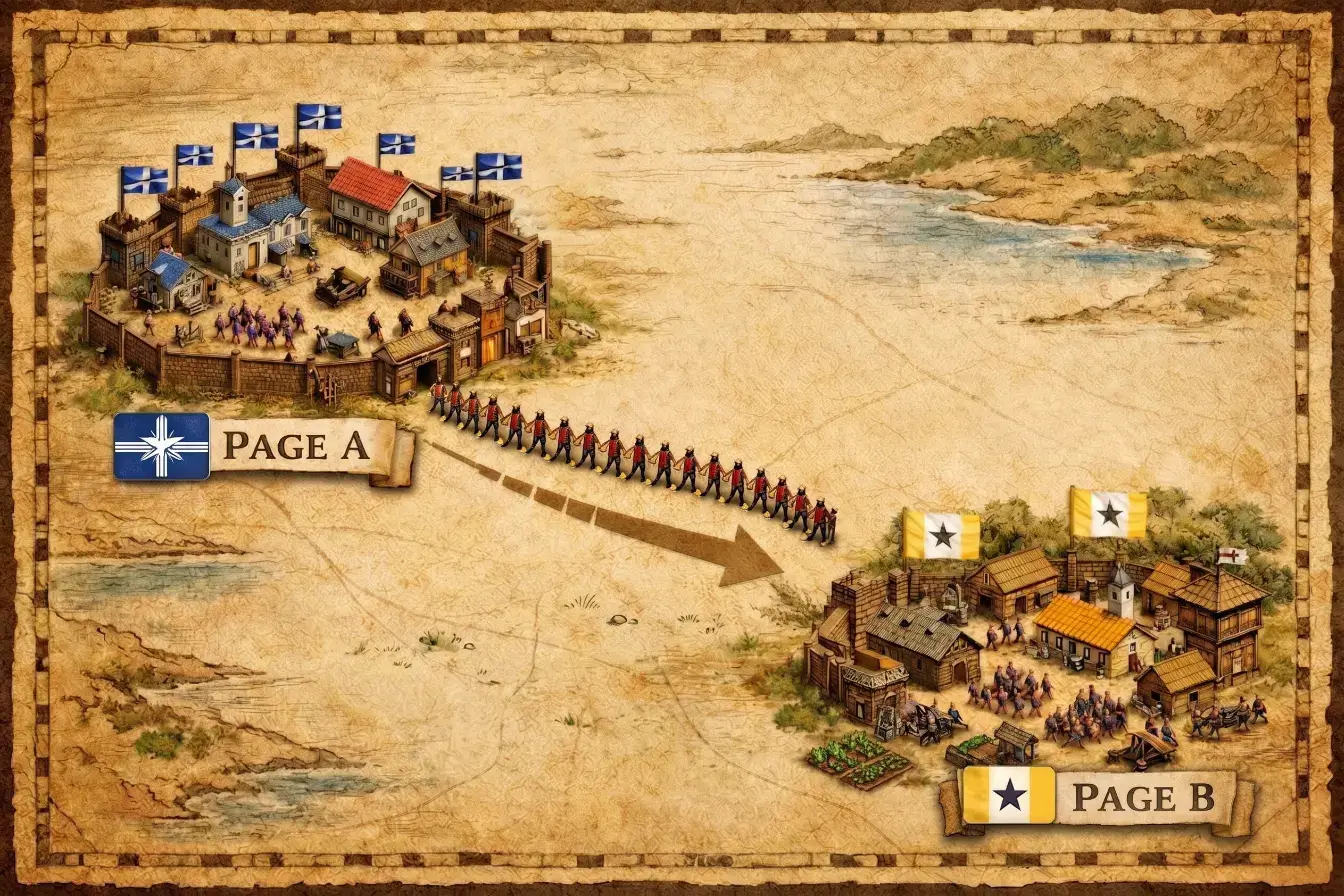 Illustration of Page A sending authority like troops to Page B, representing internal linking from a strong ranking page to help another page rank in SEO