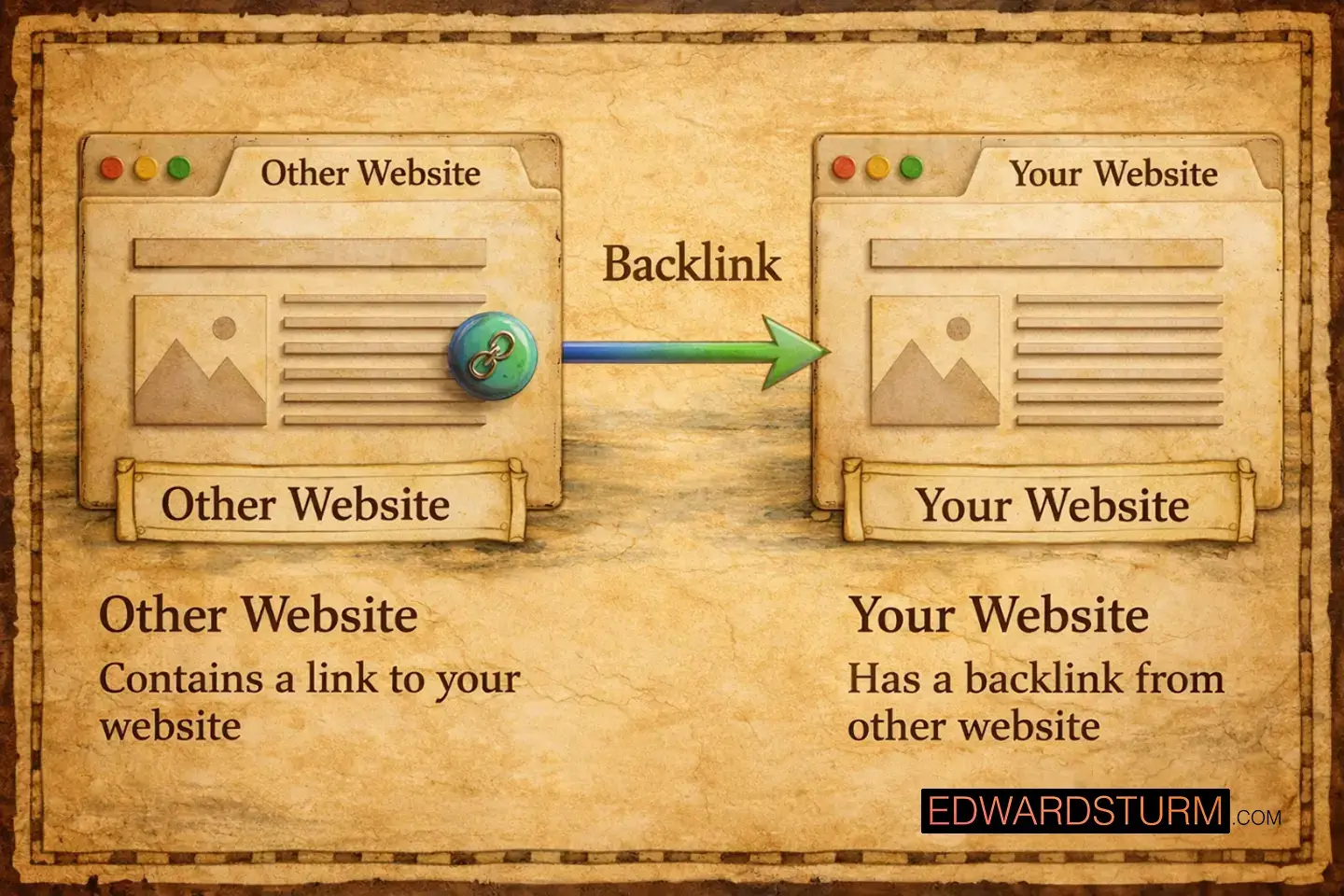 Diagram explaining backlinks with two panels labeled “Other Website” and “Your Website” connected by an arrow labeled “Backlink,” with text reading “Other Website contains a link to your website” and “Your Website has a backlink from other website”