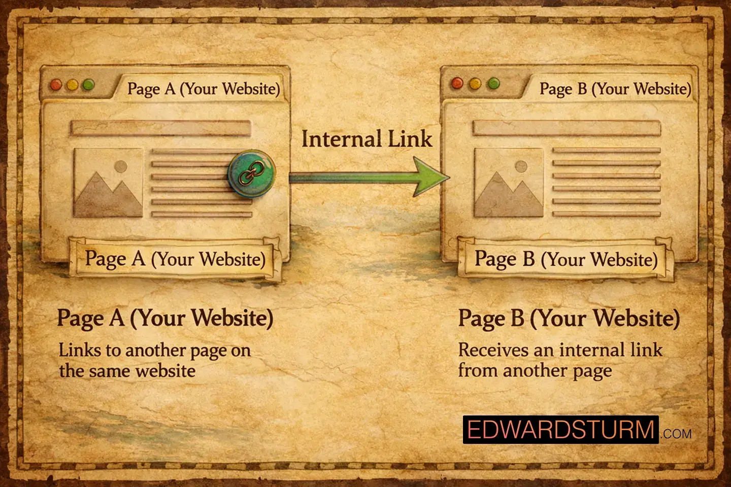 Diagram explaining internal linking showing Page A (Your Website) linking to Page B (Your Website) with an arrow labeled “Internal Link,” and text reading “Page A links to another page on the same website” and “Page B receives an internal link from another page”