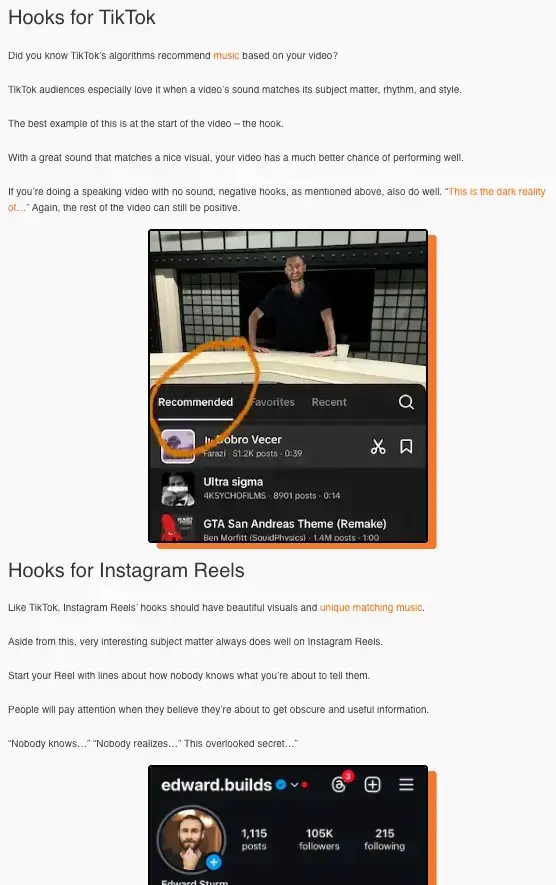 Adding sections on hooks for Instagram Reels and for TikTok to the article.