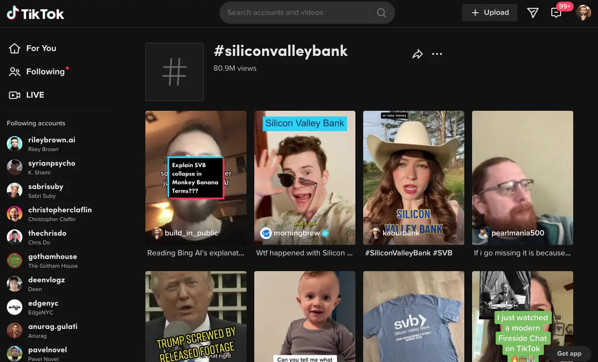 This shows my video as number one on TikTok for the hashtag, #siliconvalleybank.