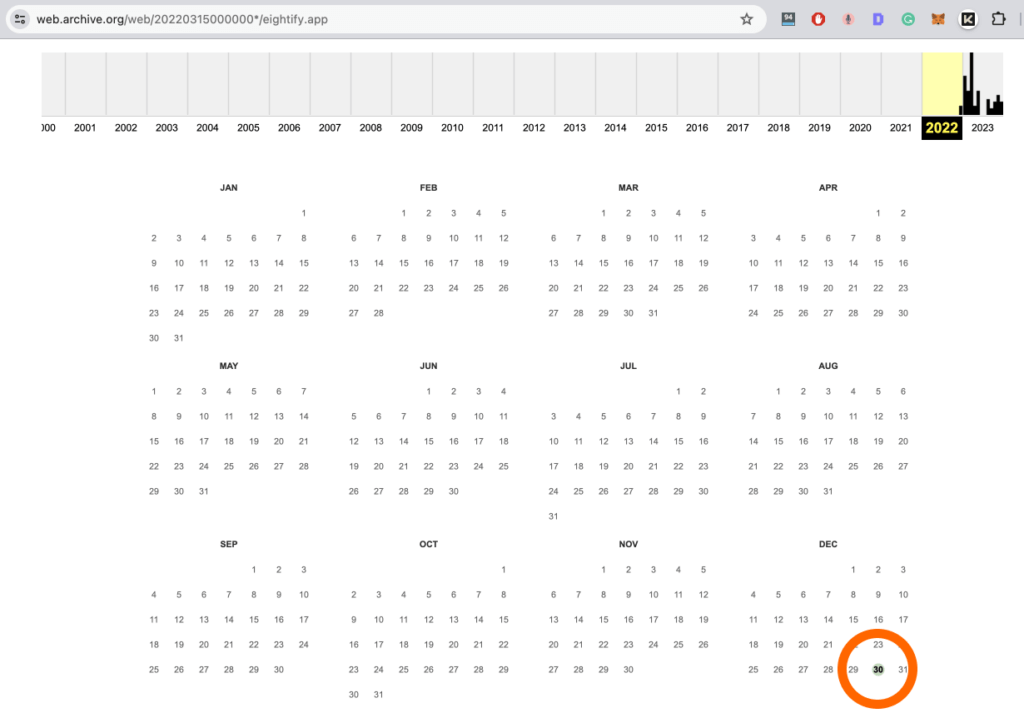 Wayback Machine showing Eightify being created on December 30, 2022