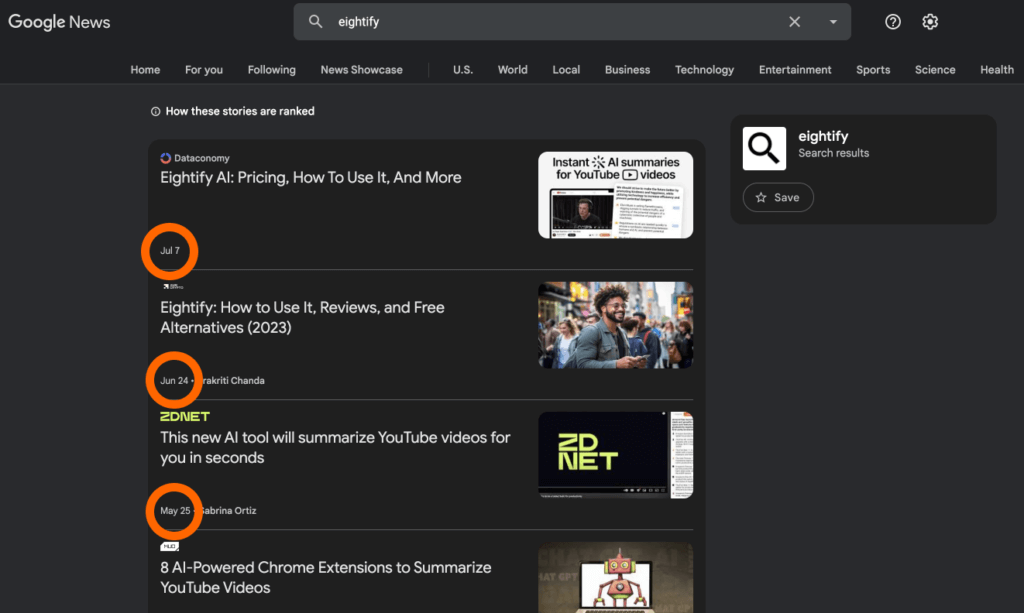 Google News shows Eightify had heavy press in Late Spring and Summer